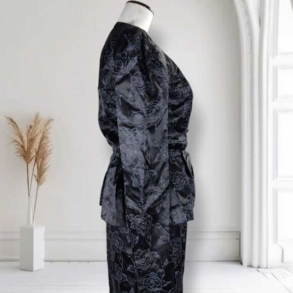 Vintage 80s Peplum Satin Midi Skirt Set Size 6 Black Floral Rose Print Goth - Picture 5 of 16